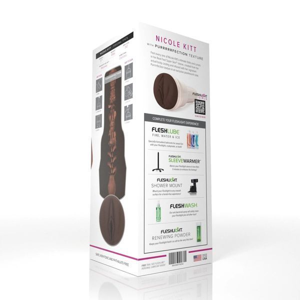 Зворотний бік упаковки Fleshlight Nicole Kitt Purrrrrfection зі схемою текстури та комплектацією