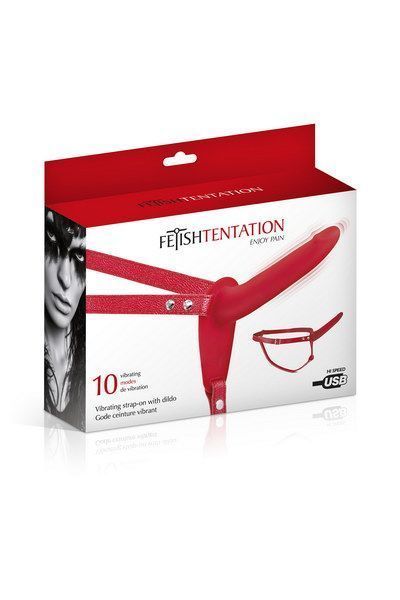 Червоний страпон з вібрацією Fetish Tentation &mdash; коробка, 10 режимів, USB