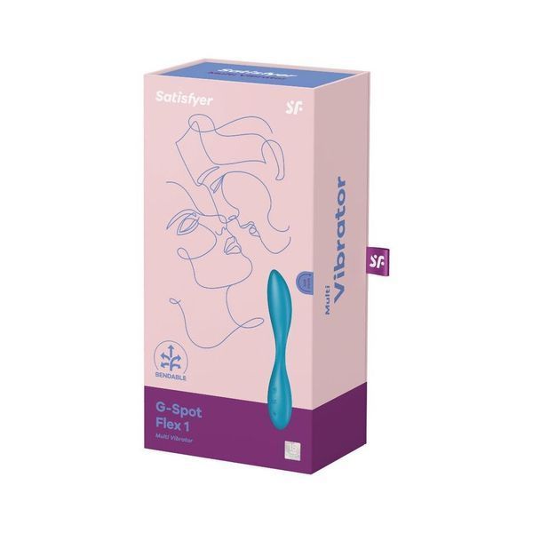 Упаковка вібратора Satisfyer G-Spot Flex 1 з ілюстративним дизайном та логотипом бренд