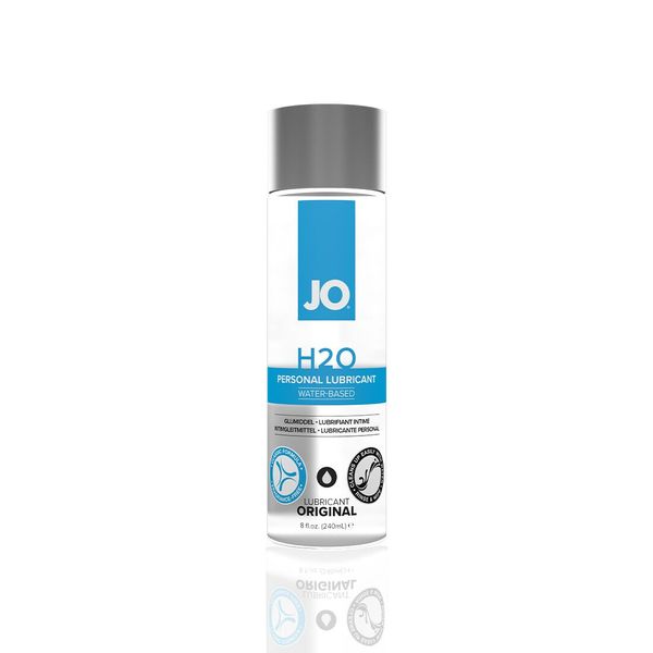 Світло ніжності і комфорту: Лубрикант System JO H2O ORIGINAL у 240 мл - зображення продукту у світлому фоновому освітленні з прозорою пляшкою та назвою бренду.