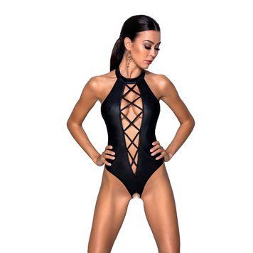 Боді Nancy L/XL &mdash; чорне, глибокий виріз зі шнурівкою, Passion, open-crotch.