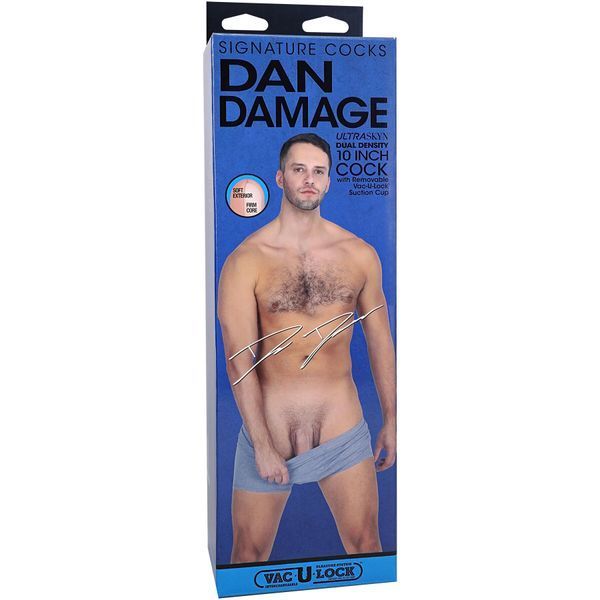 упаковка фалоімітатора Doc Johnson Signature Cocks Dan Damage 10 inch ULTRASKYN на синьому фоні з фото чоловіка