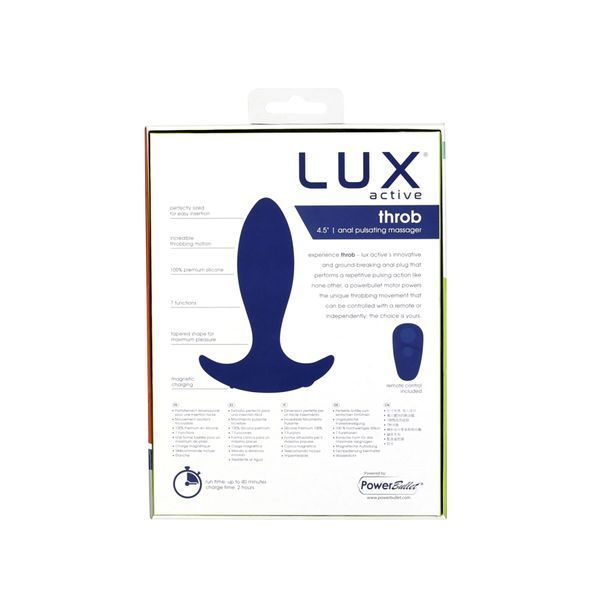 Задня частина коробки анального вібратора Lux Active Throb із описом функцій