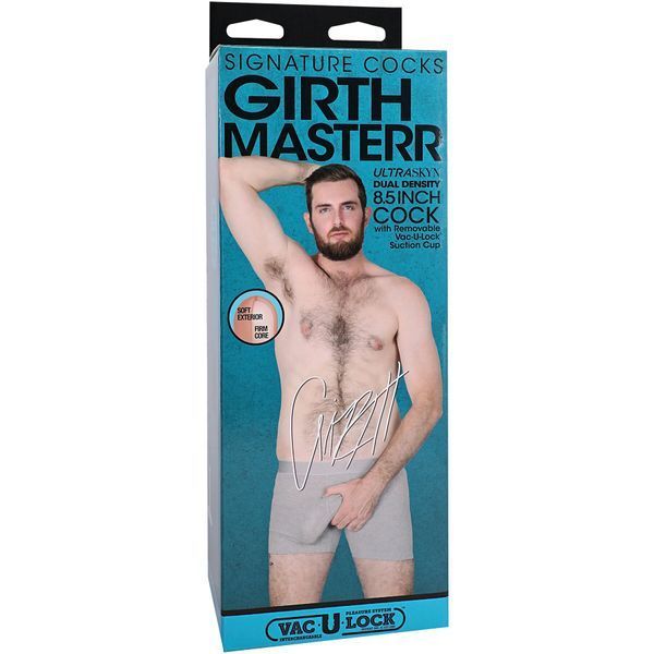 Фірмова коробка фалоімітатора Doc Johnson Signature Cocks Girthmasterr 8,5'' ULTRASKYN, фронтальний вигляд з моделлю
