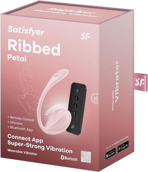 Упаковка рожевого віброяйця Satisfyer Ribbed Petal Rose з пультом, позначкою Bluetooth App і суперсильною вібрацією