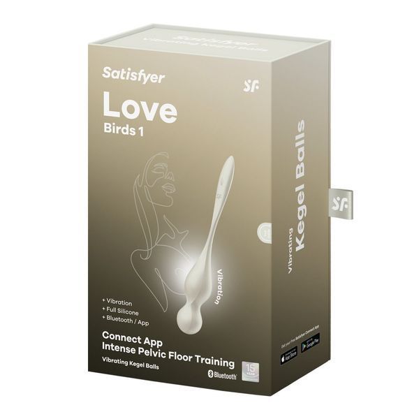 Упаковка Satisfyer Love Birds 1 кремові вагінальні кульки Кегеля, вигляд спереду, акцент на тренуванні тазового дна