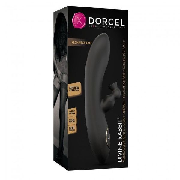 Упаковка вібратора Dorcel Divine Rabbit &mdash; преміум-дизайн із зображенням функцій