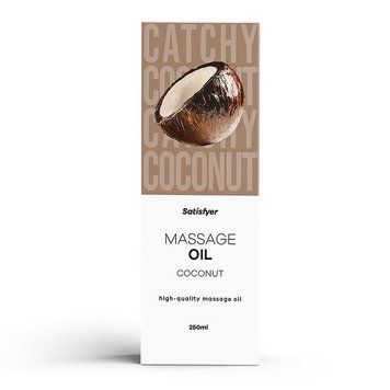 Масажна олія Satisfyer Massage Oil Coconut 250 мл, половинка кокоса на бежевій упаковці, фото на білому фоні