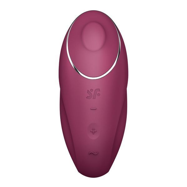 Фронтальний вигляд бордового кліторального вібратора Satisfyer Tap & Climax 1 з кнопками керування