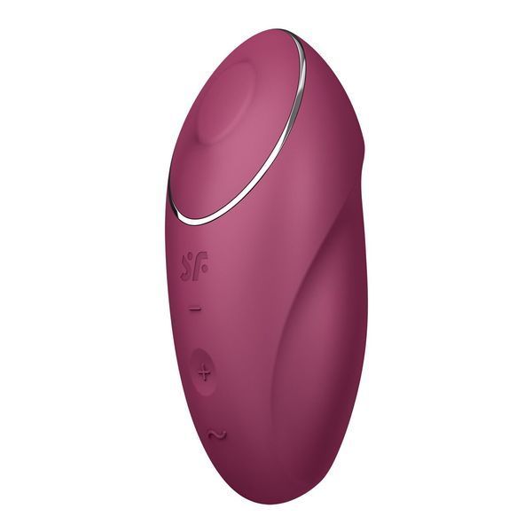 Перспективний ракурс бордового вібратора для клітора Satisfyer Tap & Climax 1 в напівпрофіль