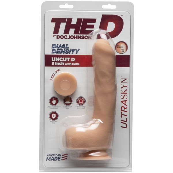 Упаковка The D by Doc Johnson ULTRASKYN Dual Density Uncut D 9&Prime; з яєчками, сумісний зі страпоном