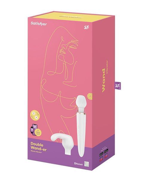 Упаковка Satisfyer Double Wand-er із зображенням іграшки та насадок