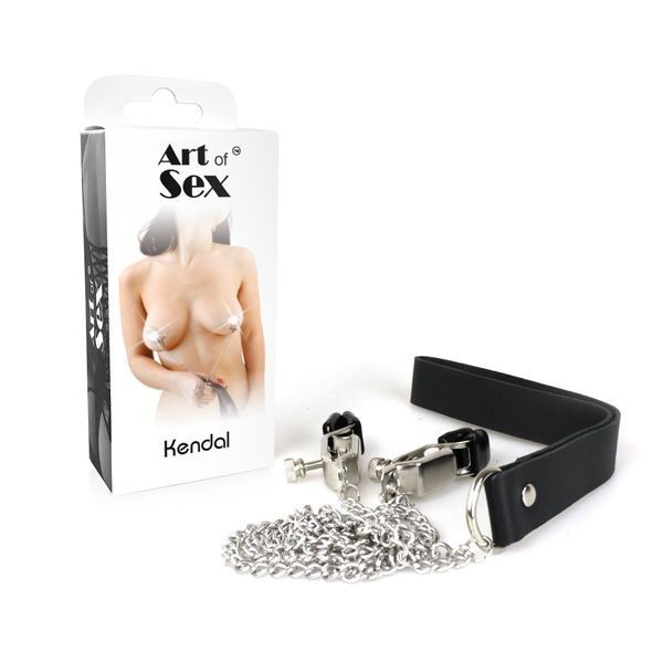 Комплект Art of Sex Kendal &mdash; зажими з ланцюжком та петлею поруч із коробкою