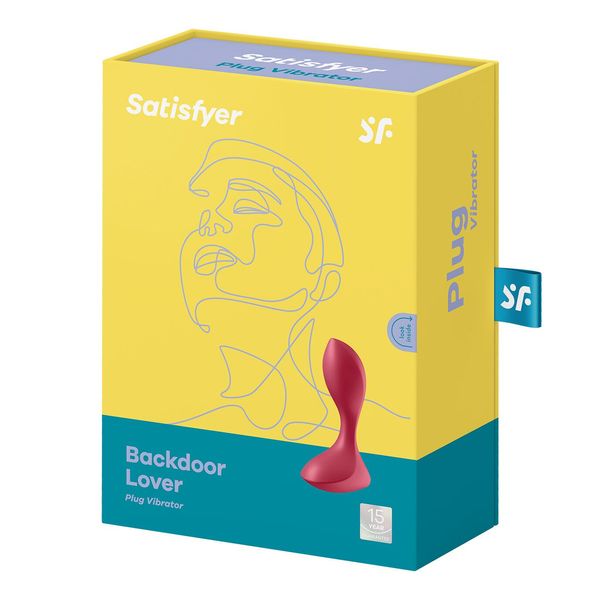 Анальний вібратор Satisfyer Backdoor Lover на блакитному тлі з гарячою моделлю, відображається зі стильним дизайном та міцними матеріалами.