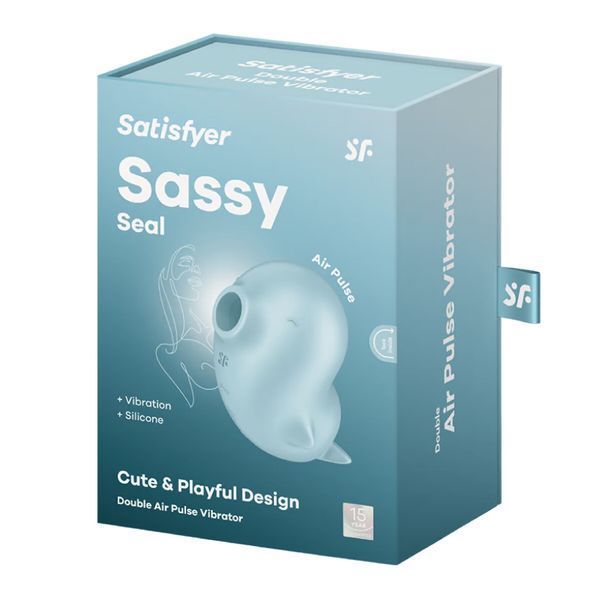 Упаковка вакуумного вібратора Satisfyer Sassy Seal блакитного кольору, кліторальний стимулятор з функцією Air Pulse