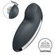 Вид згори на темно-сірий кліторальний вібратор Satisfyer Tap & Climax 2 з логотипом бренду