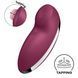 Крупний план бордового Satisfyer Tap & Climax 2 з іконкою tapping для кліторальної стимуляції
