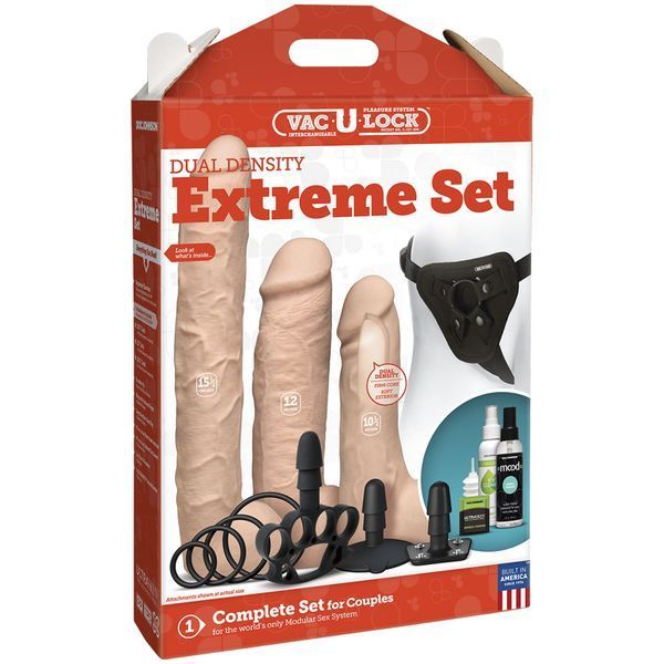 Коробка Dual Density Extreme Set &mdash; Doc Johnson Vac-U-Lock, фото пакування з насадками та упряжем.