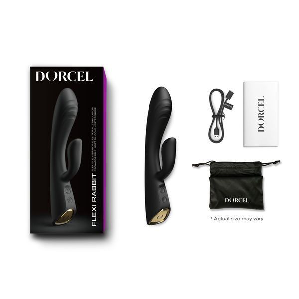 Комплектація Dorcel FLEXI RABBIT чорного кольору &mdash; вібратор, зарядка, мішечок