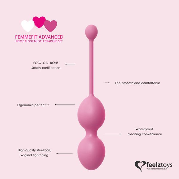 Зображення демонструє набір вагінальних кульок FemmeFit - незамінний інструмент для тренування тазового дна. Завдяки своїй високоякісній конструкції та інноваційним функціям, ці кульки допоможуть вам зміцнити м'язи тазового дна, покращити контроль над сеч