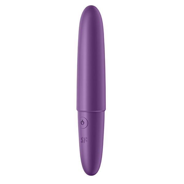 Вигляд фіолетової віброкулі Satisfyer злегка збоку &mdash; елегантна еротика