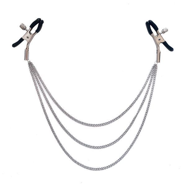 Пара зажимів для сосків Art of Sex Nipple Jewelry Three Chains, три сріблясті ланцюжки між затискачами на білому фоні, аксесуар для стимуляції сосків