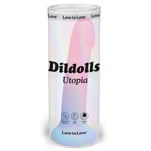 Упаковка Love To Love Dildolls Utopia &mdash; циліндрична туба з райдужним градієнтом; м&rsquo;який силікон, безпечний для анального використання, база-присоска