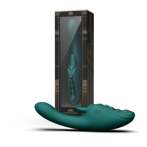 Вібратор-кролик Zalo Ares Turquoise Green 💚 поруч із подарунковою артдеко-коробкою