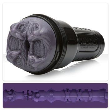 Мастурбатор Fleshlight Fantasy Predator у чорному корпусі та схема рельєфу Predator Lady