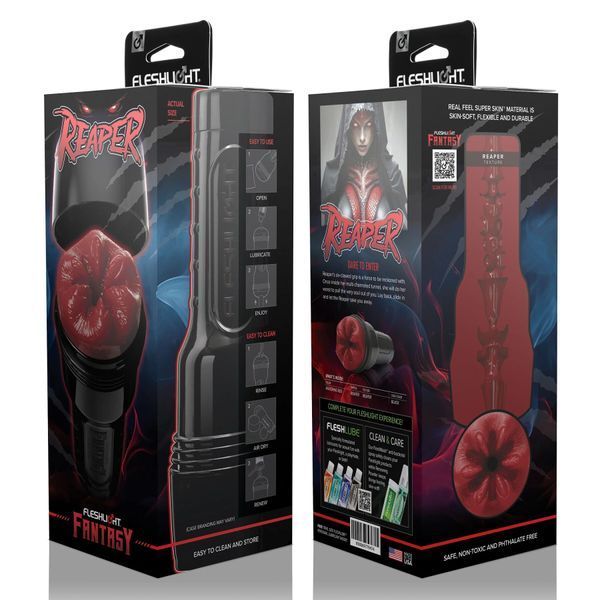 Упаковка Fleshlight Fantasy Reaper спереду і ззаду, чорний корпус та червона вставка SuperSkin