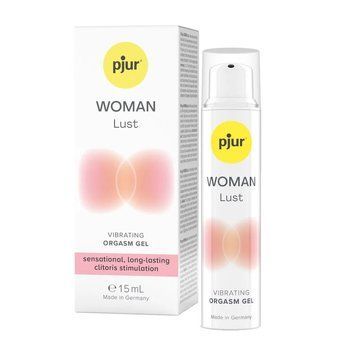 Рідкий вібратор pjur Woman Lust — коробка та флакон, що відкривають двері до чуттєвого вибуху.