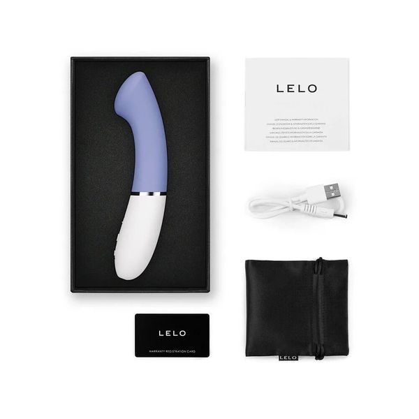 Комплектація LELO Liv 3 Powder Blue 💙 &mdash; блакитний вібратор, USB-кабель, мішечок та інструкція в чорній коробці