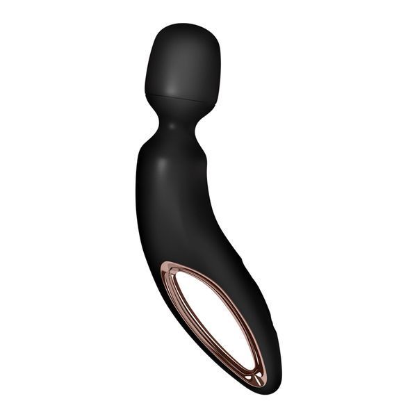 Чорний вібратор-мікрофон Satisfyer Wand-erland з деталями під рожеве золото, вигнутий корпус, вид збоку