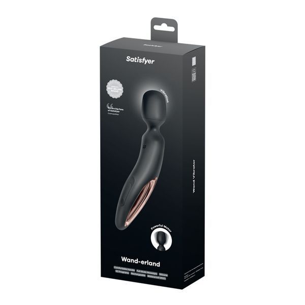 Коробка вібромасажера Satisfyer Wand-erland Black Rosegold, пакування на темному фоні